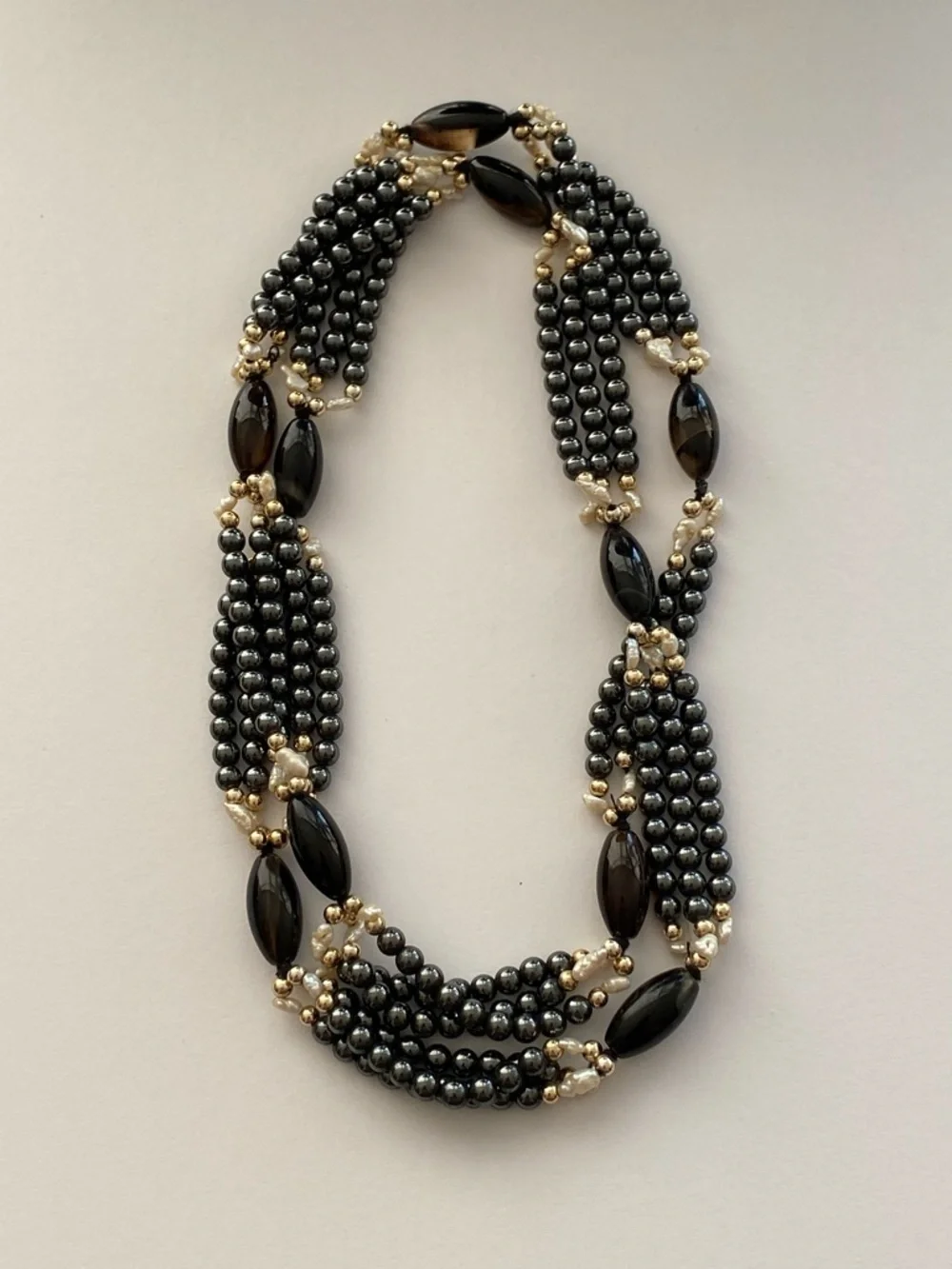 VTG 70s Multi-Strand Liquid Hematite Banded Agate Necklace | Silk Strung | 28" - Picture 1 of 16